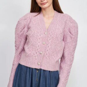 Sirka Cable Knit Puffed Sleeve Cardigan - Lilac - En Saison - Size XL